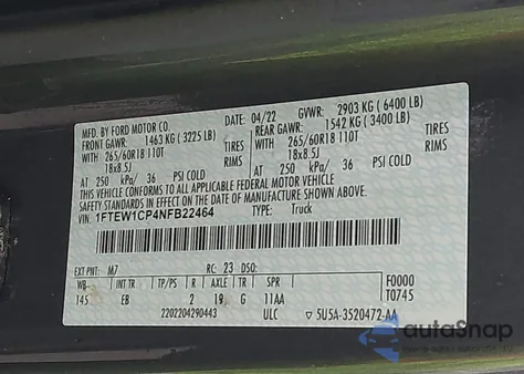 2022 Ford F-150 Lariat from USA, damaged, VIN 1FTEW1CP4NFB22464